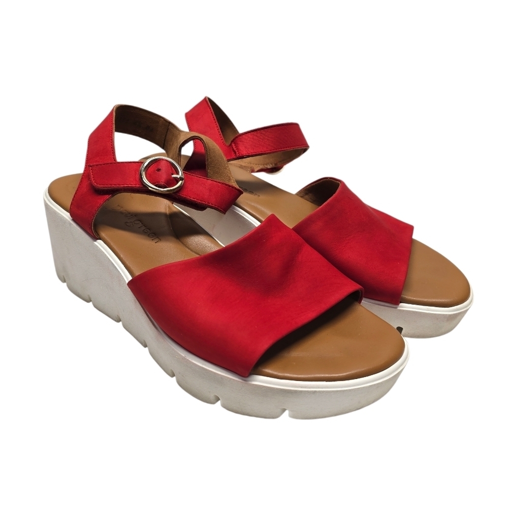 Paul Green Red Leather Platform Wedge Sandals with White Sole